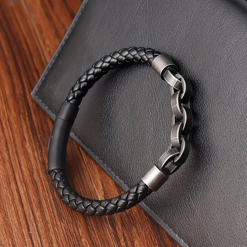 Pulseira em Aço Inoxidável e Couro Preto