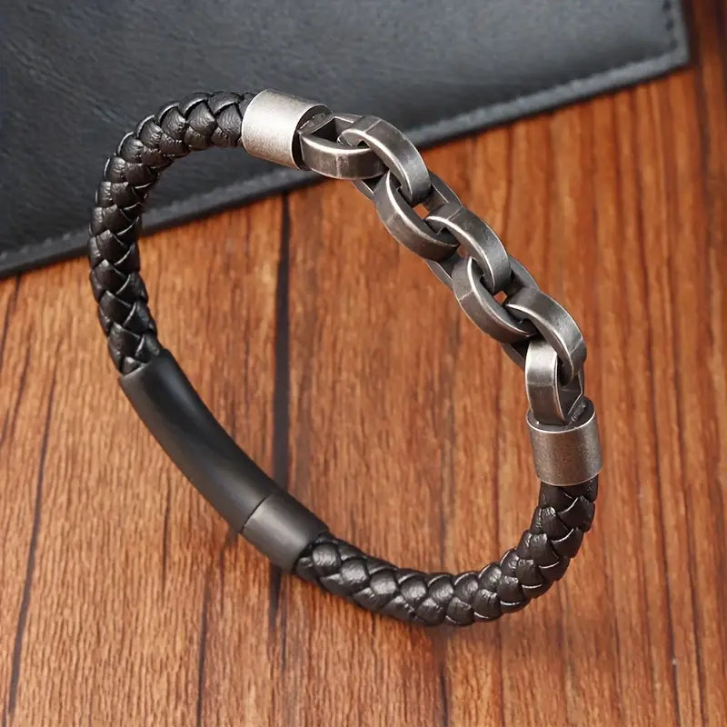 Pulseira em Aço Inoxidável e Couro Preto