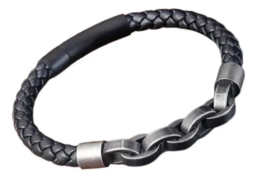 Pulseira em Aço Inoxidável e Couro Preto